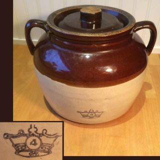 Antique Stoneware Crown Robinson Ransbottom Crock Bean Pot 2 Handles Lid 4 Qt