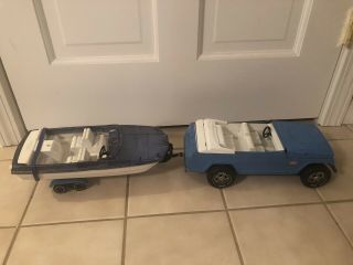 Vintage Blue Tonka Jeep Jeepster With Boat Trailer And Navy Plastic Boat Rare