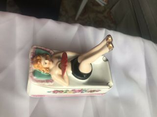 Vintage Porcelain Bathing Beauty Ashtray With Nodder Legs And Fan Red Head