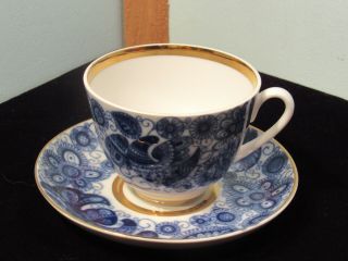 Vintage Russian Tea Cup And Saucer White/flow Blue Style Blue Birds/gold Trim