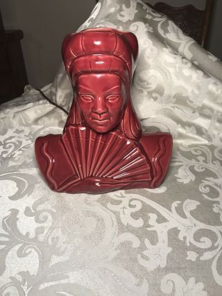 Vintage Maroon Tv Lamp Oriental Geisha Girl Holding Fan