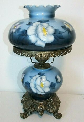 Gorgeous Blue Vintage Gone With The Wind Hurricane Lamp,  3 - Way,  Hand - Painted