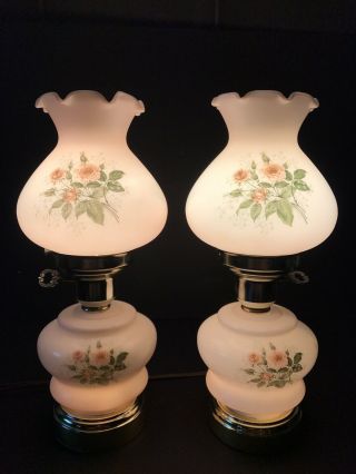 Pair Vtg 3 - Way Hand Painted Milk - Glass Floral Glass Hurricane Lighted Base Lamps