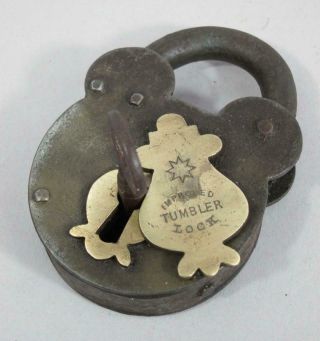 Big Vintage Padlock Improved Tumbler Lock 1900 With Key Antique