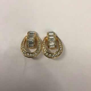 Vintage Christian Dior Gold Tone Rhinestone Horseshoe Clip Earrings