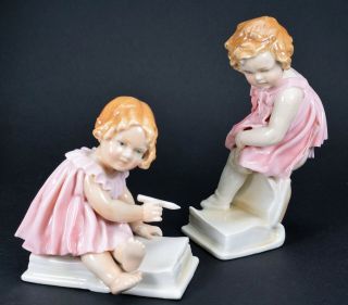 Two Karl Ens Porcelain Figurines Of Little Girls In Pink Dresses