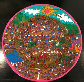 Vintage Mexican Folk Art Wall Plate 16 ",  Hand Painted Colorful Pottery