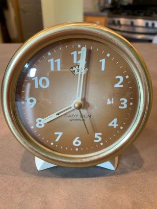 Vtg Baby Ben Westclox Gold Dial Wind Up Alarm Clock Brass Metal Plastic Day