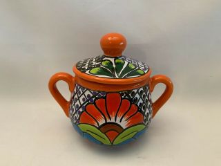 Hand - Painted Mexican Talavera Ceramic Pottery Sugar Canister Pot Bowl Lid