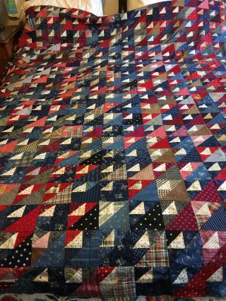 Scrappy Quilt Top 4”blocks Triangles Vintage Antique Fabrics Hand Stitched