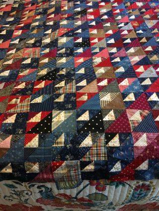 Scrappy Quilt Top 4”Blocks Triangles Vintage Antique Fabrics Hand Stitched 2