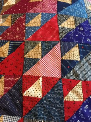Scrappy Quilt Top 4”Blocks Triangles Vintage Antique Fabrics Hand Stitched 3