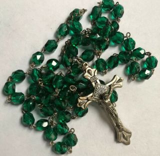 Vintage Catholic Green Faceted Beads Rosary Italy Our Lady Of Fatima Italy