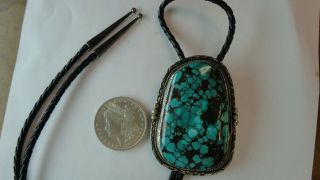 Very Large Vintage Sterling And Turquoise Bolo Tie