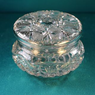 Antique American Brilliant Cut Crystal Glass Powder Jar Dresser Elegant Vanity