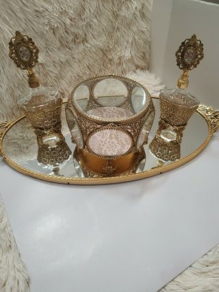 Vintage Vanity Set,  Ormolu Filigree Glass Mirror,  Jewelry Box,  2 Perfume Bottles