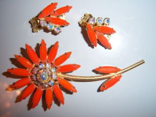 Vintage Uns Weiss Orange Hyacinth Ab Rhinestone Flower Brooch Pin Earring Set