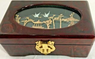 Vintage Chinese Cork Diorama Lacquered Jewelry Box Painted Lotus Under Glaze