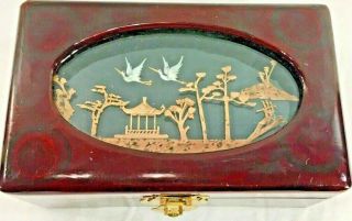 Vintage Chinese Cork Diorama Lacquered Jewelry Box painted Lotus Under glaze 2