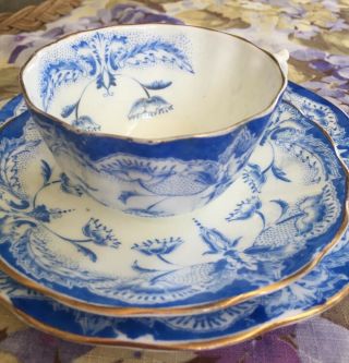 Vintage Fine Bone China Tea Cup,  Saucer,  Cake Plate,  Blue White Gold,  Lavish Ornate