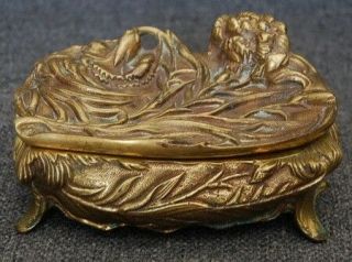 Lovely Victorian Era Art Nouveau Floral Footed Brass Jewelry Casket