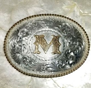Montana Silversmiths Sterling Silver Plate Belt Buckle Monogram " M " Initial