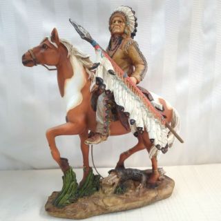 Vtg Native American Indian Chief On Paint Horse Polyresin Figure Statue