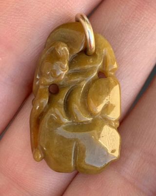 Vintage Natural Carved Brown Jade 14k Gold Pendant