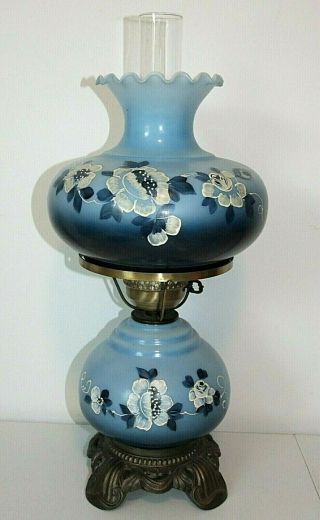 Vintage Blue Gone With The Wind Hurricane Lamp,  3 - Way,  Hand - Painted,  Accurate