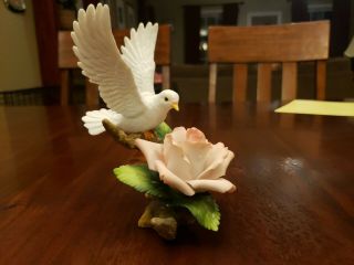 Rare Vintage Andrea By Sadek 6 1/4 " White Dove W/pink Rose Figurine