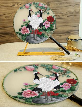 Chinese 3d Lifelike Crane Around The Flower Hand Stitched Embroidery Silk Fan