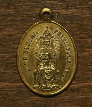 Antique Religious Bronze Medal Pendant Our Lady Of Liesse