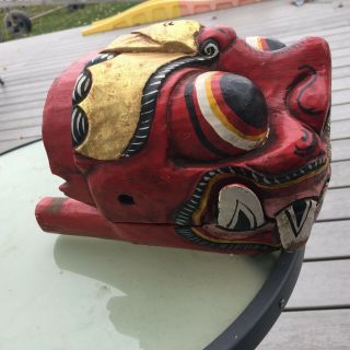 Vintage Bali Indonesian Mask Dragon Beast Clapper Carved Wood Folk Art