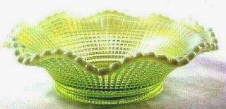 Opalescent Vaseline Glass Bowl Ribbed Spiral Ruffled Edge Approx 7 " Antique