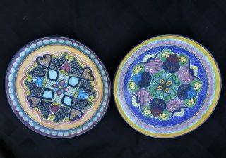 Two Vintage Hernandez Pueblo Mexico Talavera Pottery Hand Painted Plate Wall Art