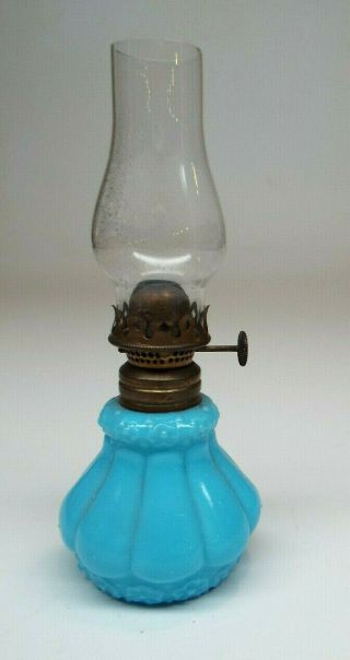 Victorian Acorn P&a Miniature Kerosene Lamp - Blue Milk Glass Melon Ribbed