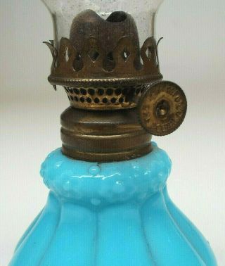 Victorian Acorn P&A Miniature Kerosene Lamp - Blue Milk Glass Melon Ribbed 2