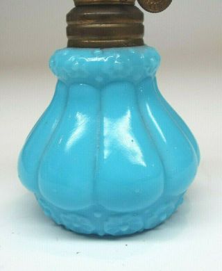 Victorian Acorn P&A Miniature Kerosene Lamp - Blue Milk Glass Melon Ribbed 3
