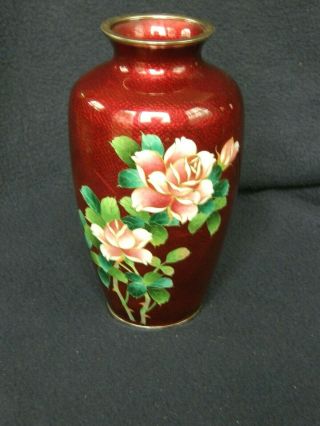 Ginbari Vase - Japanese Cloisonne Pigeon Blood Red W Pink Roses/bamboo Vintage