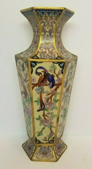 Vintage Chinese Cloisonne Birds Flowers Enameled Brass 6 Sided Hexagon Vase 10 "