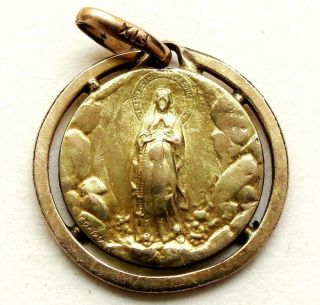 Immaculate Mary Of Lourdes - Antique 18k Gold Filled Medal Pendant