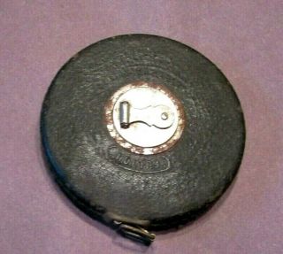 Vintage Fulton Brand Steel Tape Measure In Round Faux Leather Case.  100 