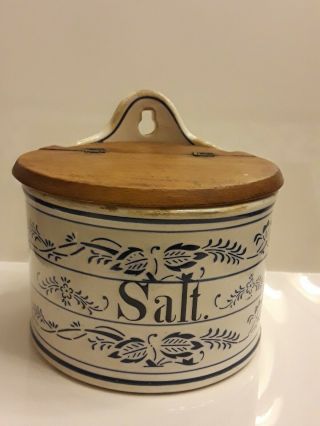 Antique Blue&white Stoneware Salt Crock Germany Glaze Salt Cellar Wooden Lid