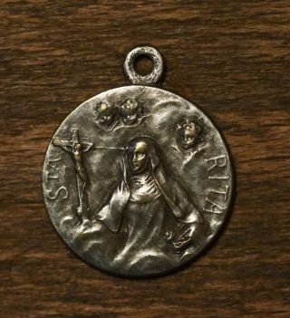 Antique Religious Silvered Medal Pendant Saint Rita For Help Of The Impossible