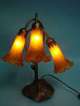 Vintage Tiffany Style Lily Pad 3 - Tulip Light Orange Glass Shade Decor Table Lamp