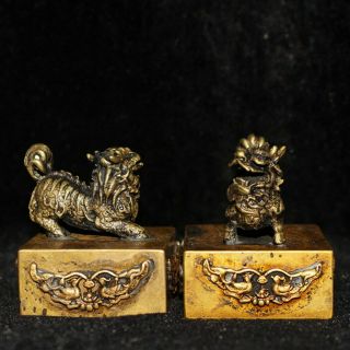 Collectable Precious Handwork Copper Carved Two Lions & Two Geese Seal