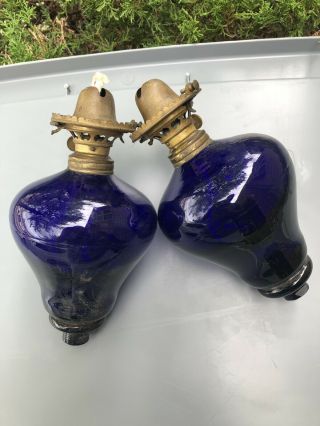 Antique 1867 Cobalt Blue Kerosene Oil Lamp Miller Burners