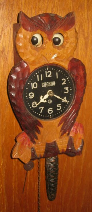 Pendulum Driven Wagging Eyes Owl Clock W/ Hand Carved Front German Made?