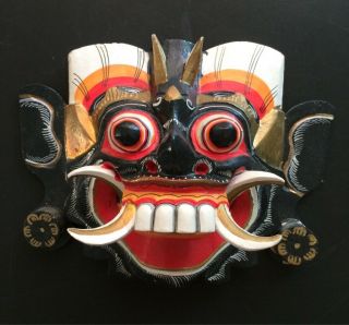 Vintage Indonesia Black Lion Mask Wood Hand Painted Bali Wall Art Decor 14x19 Cm