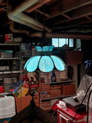 Vintage Tiffany Style Sky - Blue " Stained Glass Lamp Swag Ceiling Hanging 1940s.